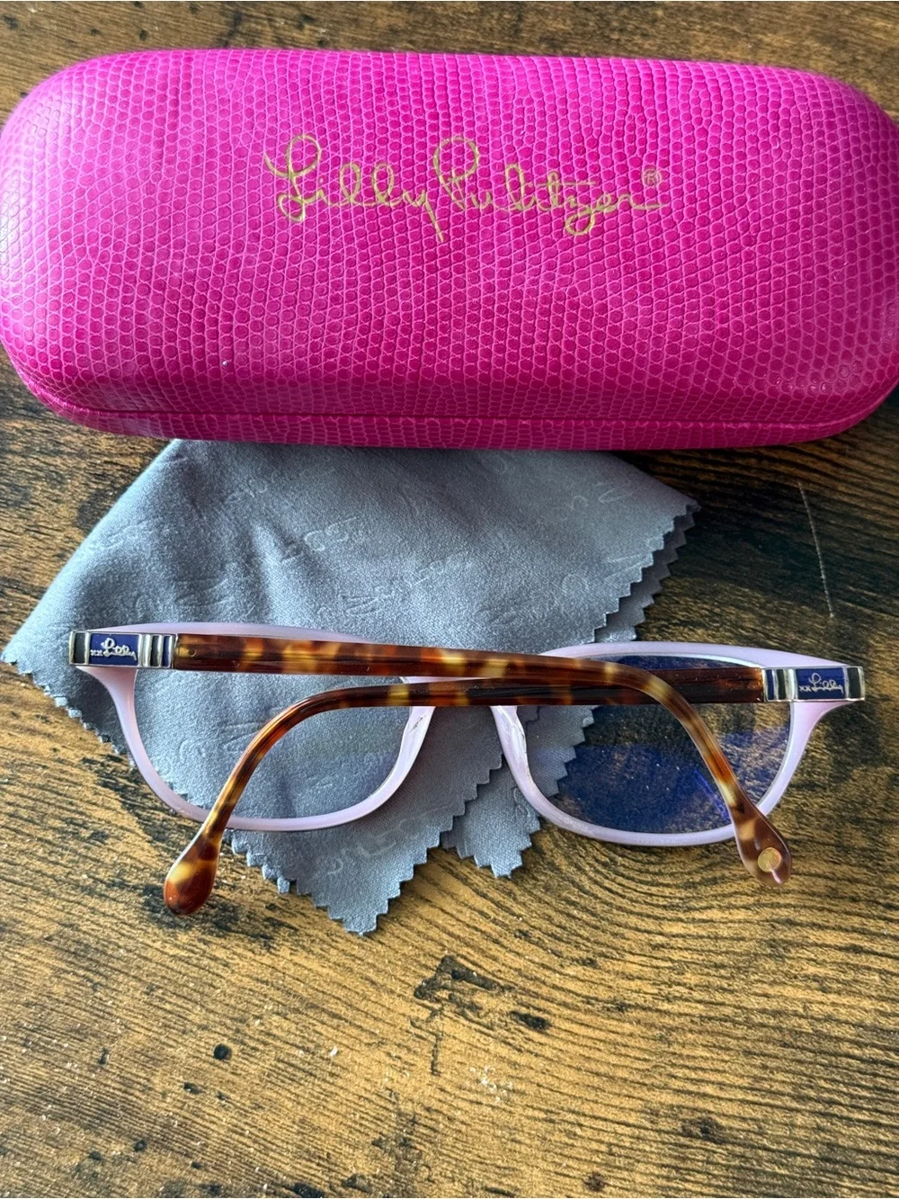 Lilly Pulitzer Hot Pink Logo Eyeglass Case with Tortoiseshell Frames